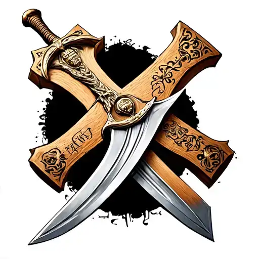 double bladed sword intertwined with the cross of jesus tattoo design idea