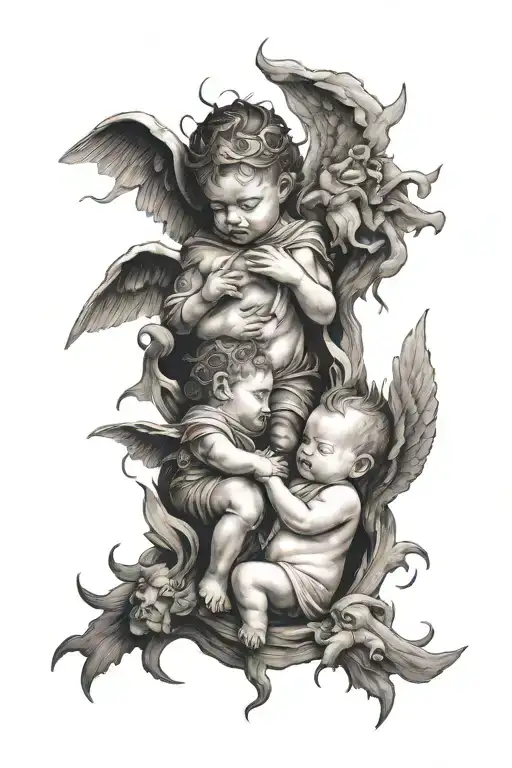 war between baby angels and baby demons tattoo design idea