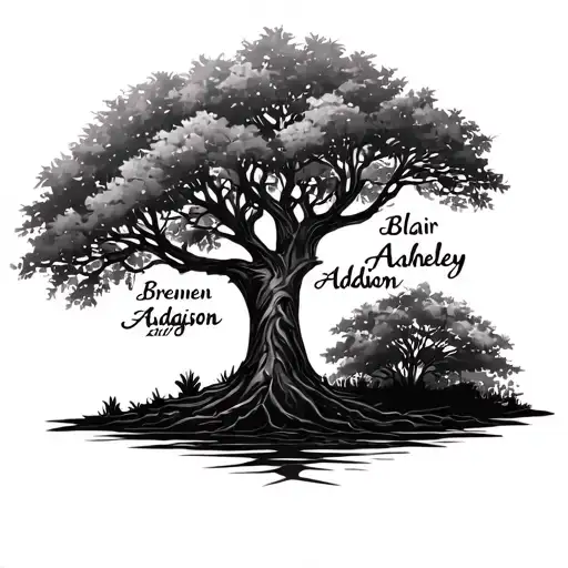 family tree back tattoo with the last name Huggins in it. the names on the tree are Brennen, Blair, Ashley, Addison, tattoo design idea