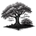 family tree back tattoo with the last name Huggins in it. the names on the tree are Brennen, Blair, Ashley, Addison, tattoo design idea