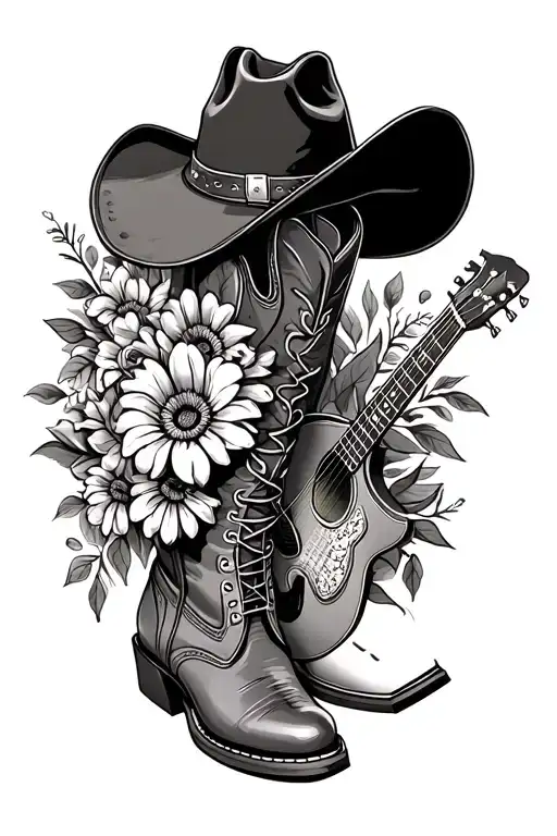 cowboy hat on top of cowboy boots with a western guitar and flowers in memory of dad tattoo design idea