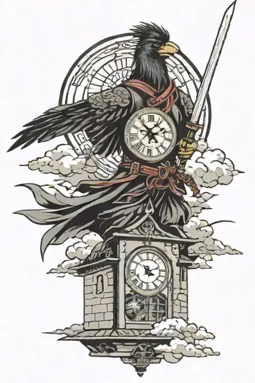 clock tower japanese warrior wielding a sword raven flying through the sky tattoo design idea