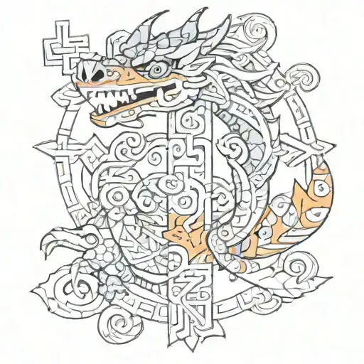 Aztec dragon wrapping around a cross  tattoo design idea
