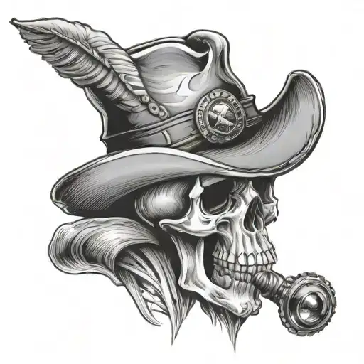 skull with hour glass and western hat surrounded tattoo design idea