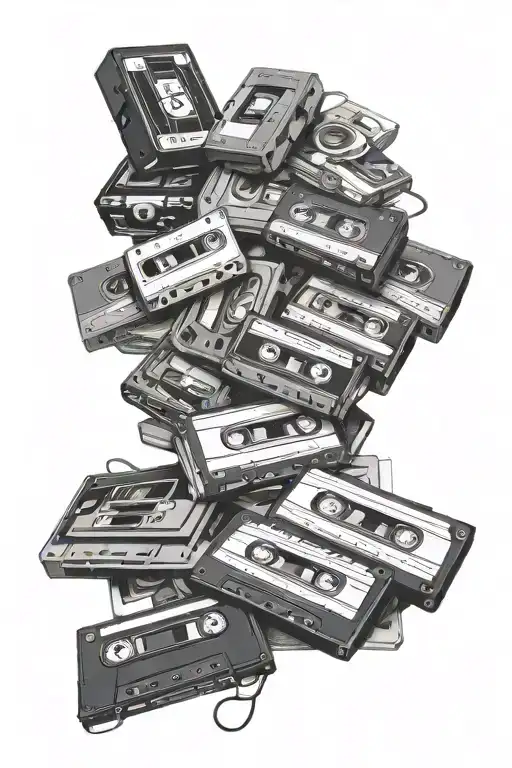 stack of cassette tapes with the artists, Wutang, N.W.A, G unit, DPGC, Busta Rhymes, Snoop Dogg, Cypress Hill, Ice cube. tattoo design idea