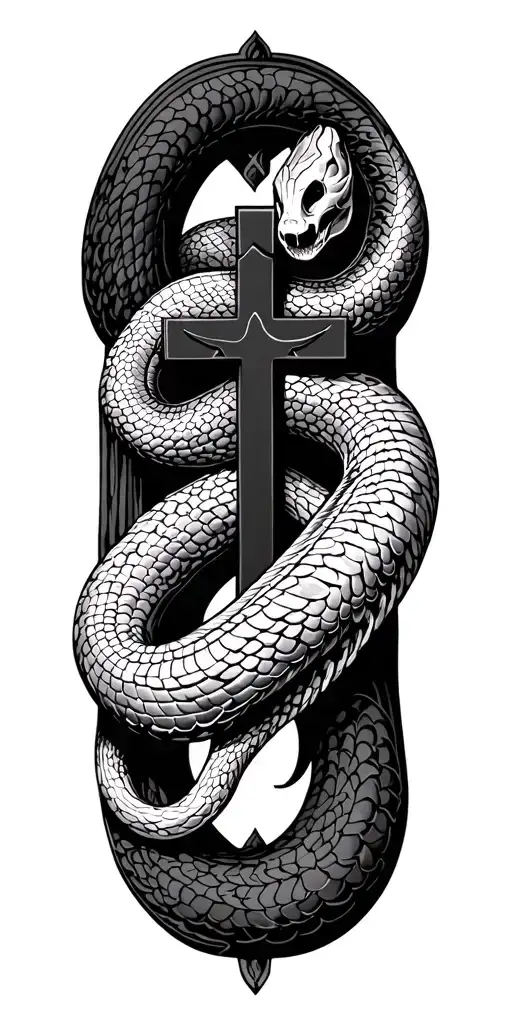 Vector elongated snake silhouette snake bodies wrapped around crucifix dark blackwork gothic tattoo design idea