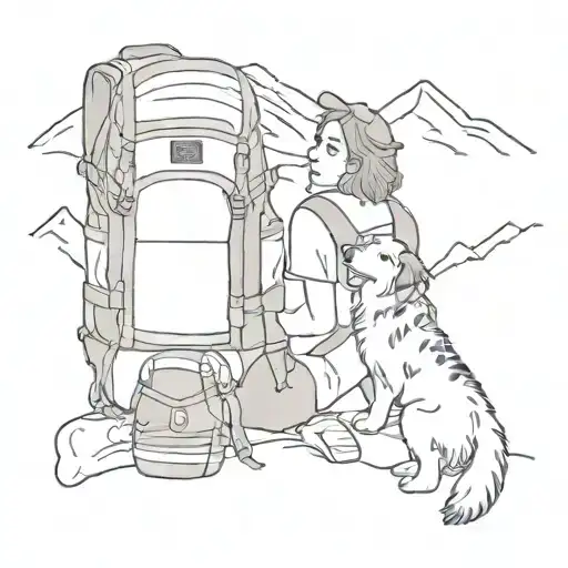 australian shepherd sitting next to a woman, this woman has my hair tied up and a mountain backpack tattoo design idea