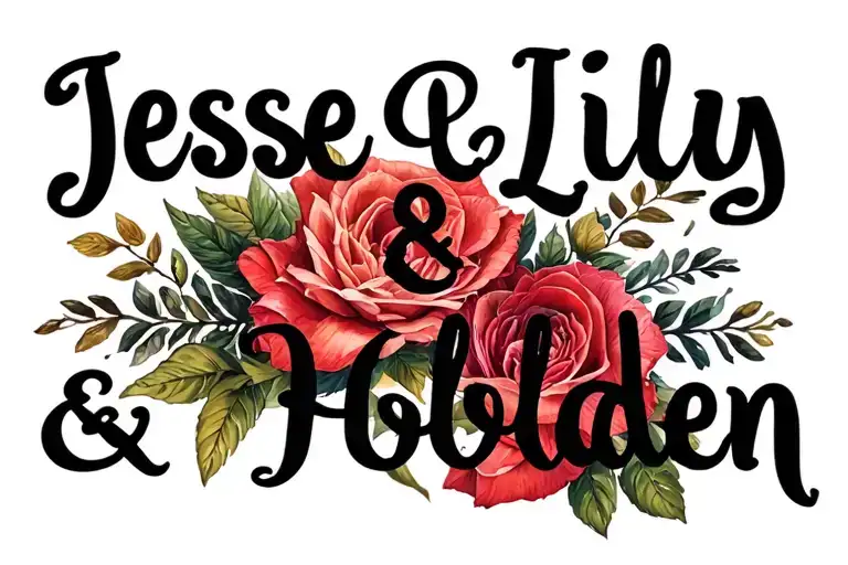 "Jesse,Lily&Holden" names written tattoo design idea