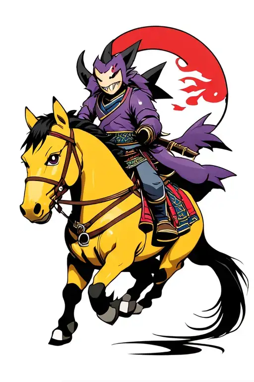 gengar Pokemon as a samurai riding a horse tattoo design idea