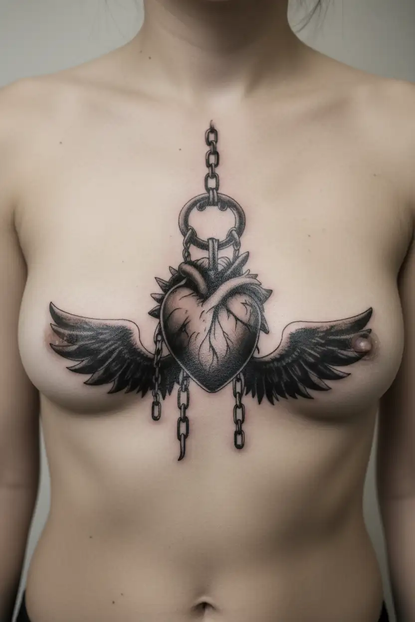 tribal heart with wings in chains like a male chastity cage tattoo tattoo design idea