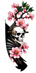 Cherry Blossom branch with Samurai Skull tattoo design idea
