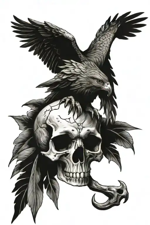 a hawk holding the human skull with its claws tattoo design idea