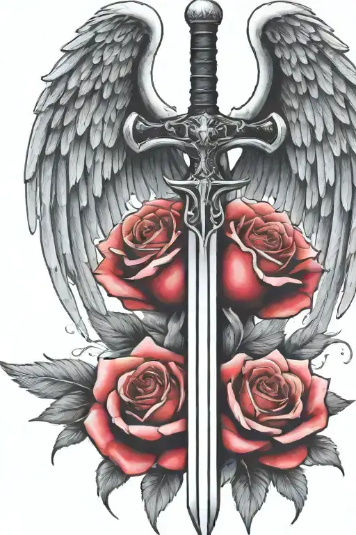 angel wings behind a sword, roses tattoo design idea