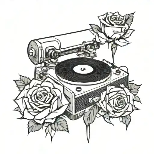 Record player and roses intertwined tattoo design idea