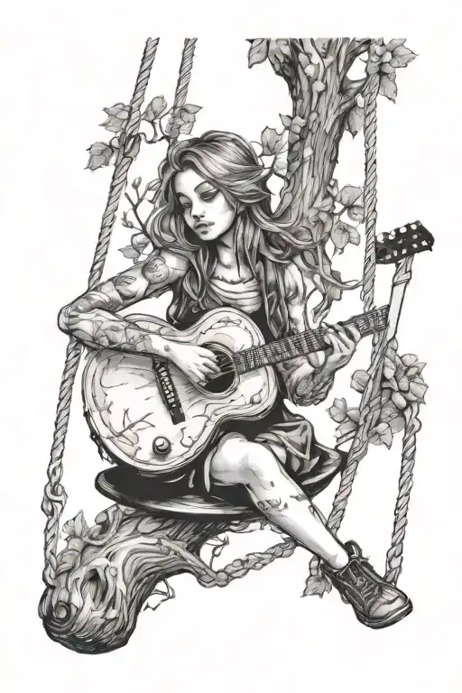 girl holding guitar on a swing set of tree tattoo design idea