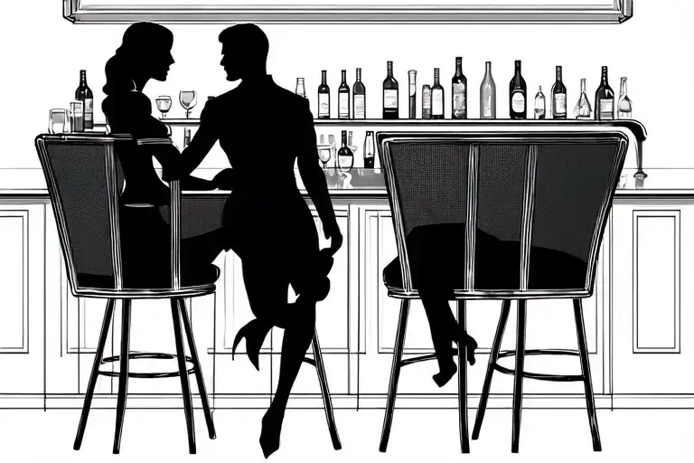 two silhouettes man and woman in business attire at a fancy bar with empty seats and a row of bottles on the back wall tattoo design idea