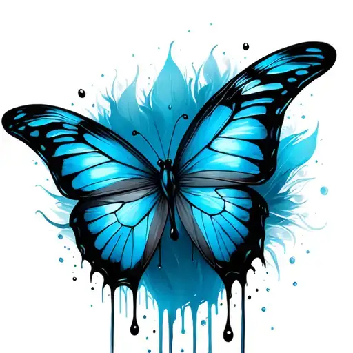 blue butterfly feather drip single drop of blood tattoo design idea