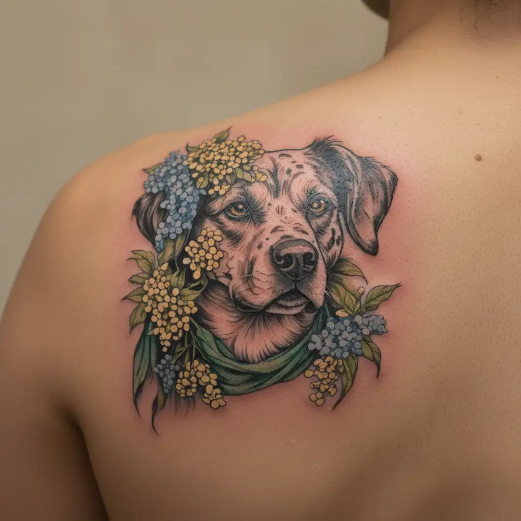 dog with green scarf, hydrangeas, acacia, chrysanthemum, marigold, daisy, dandelion, forget-me-not tattoo design idea