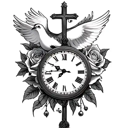 Dove, clock, rose and a cross intertwined tattoo design idea