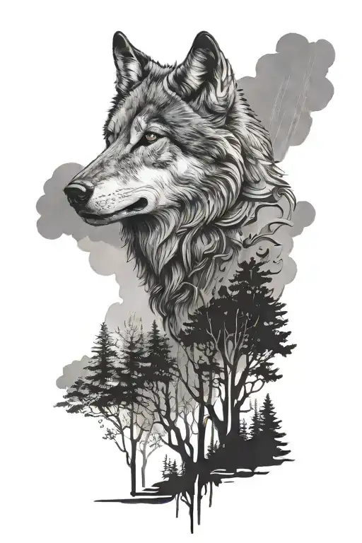 wolf in a forest with rain clouds tattoo design idea