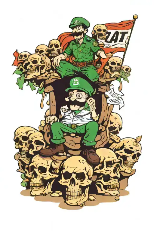 luigi mangione figure standing on a pile of skulls with a flag that says eat the rich tattoo design idea
