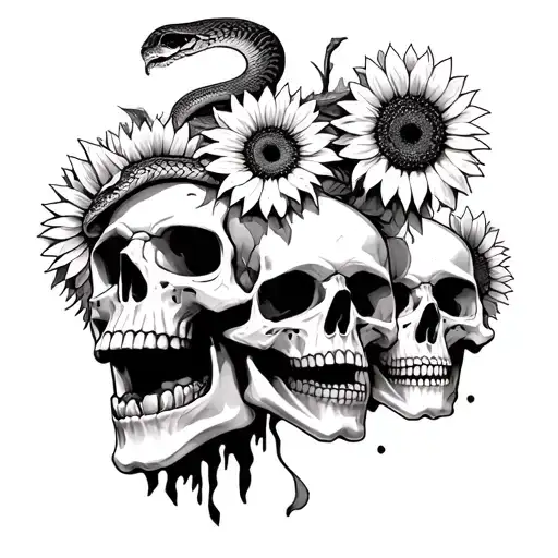 3 skulls with sunflowers and snake coming out of the mouth and coming up through skull above it and skull above that one tattoo design idea