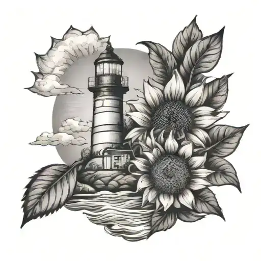 mini lighthouse with sunflower  tattoo design idea