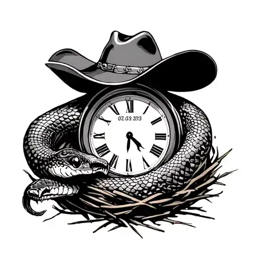 snake with a cowboy hat around a nest with a clock inside of it. the clock shows two dates: 02.09.1977 and 01.06.2003.  tattoo design idea