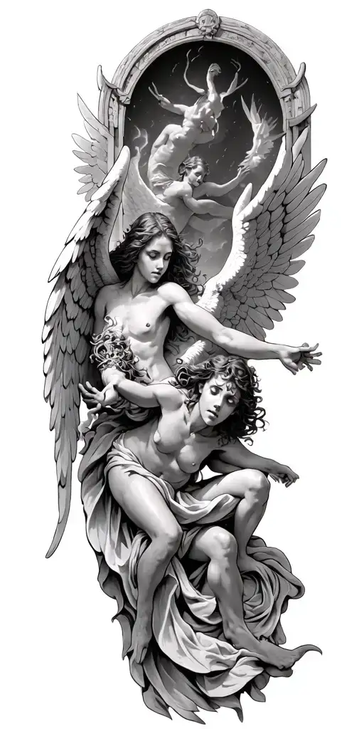 angels going through gates of heaven while fighting demons trapped in hell tattoo design idea