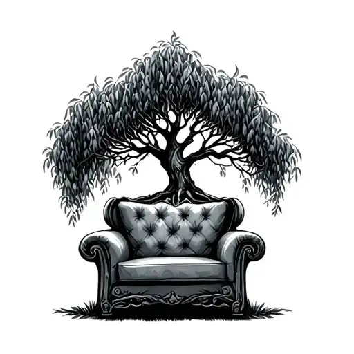 armchair under willow tree with firelight  tattoo design idea