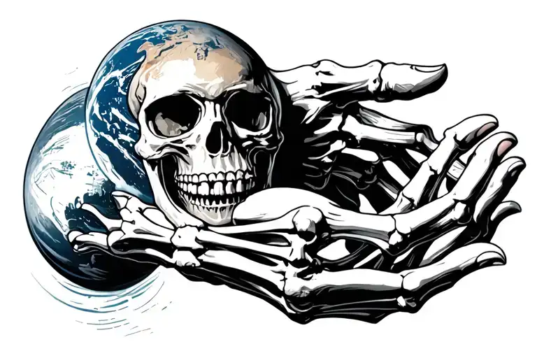 skelatal bones from hand holding planet earth tattoo design idea