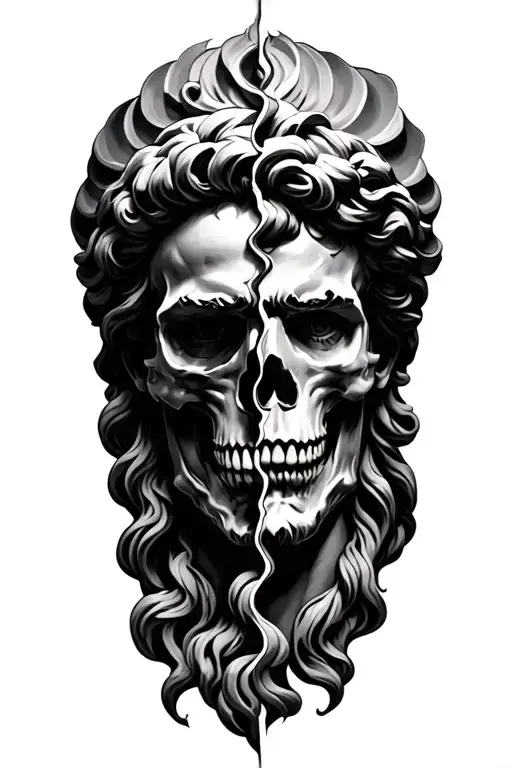 black and grey tattoo of a powerful Greek god’s face split in half revealing a skull, symbol of obsession and power tattoo design idea