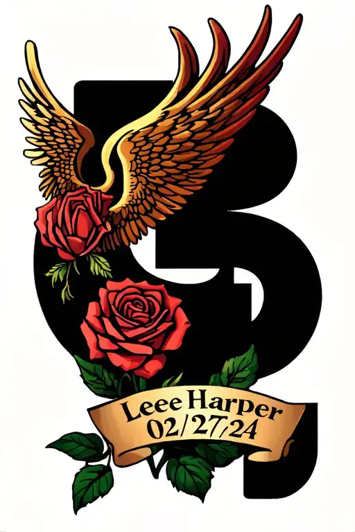 "Lee Harper and date 02/27/24" rosses and angel wing spread wide tattoo design idea