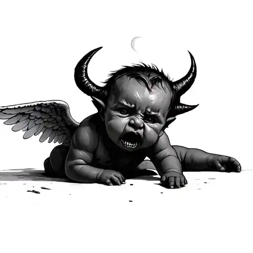 loneliness, anger, sad devil baby angel tattoo design idea