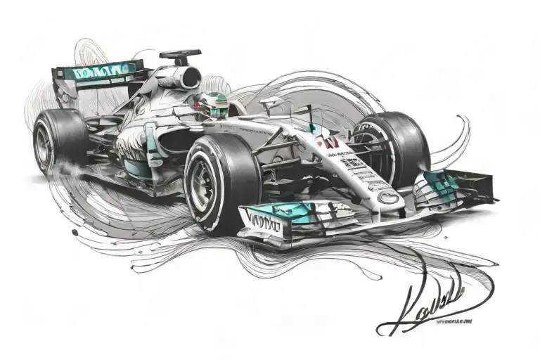 Lewis Hamilton Mercedes formula one car driving side profile tattoo design idea