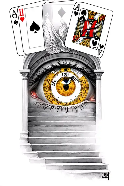 playing cards above a eye within a Roman clock above a stairway to heaven tattoo design idea