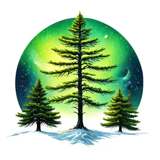pine trees. colored with green with a space and universe them around it with gemotric elements  tattoo design idea
