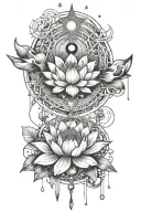 there must be these elements lotus; moon; eye; sword sun; stars; bohemian and feminine effect fine line tattoo design idea