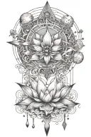 there must be these elements lotus; moon; eye; sword sun; stars; bohemian and feminine effect fine line tattoo design idea