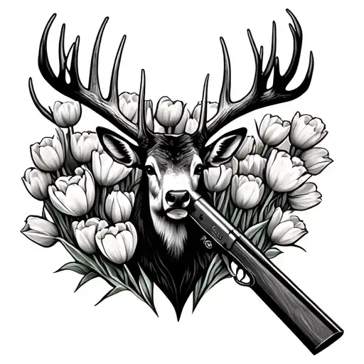 elk antlers holding a 410 single shot shotgun in a fiel of tulips tattoo design idea