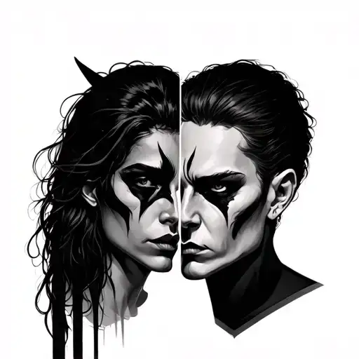 a double face one side show good and other evil like both in one person tattoo design idea