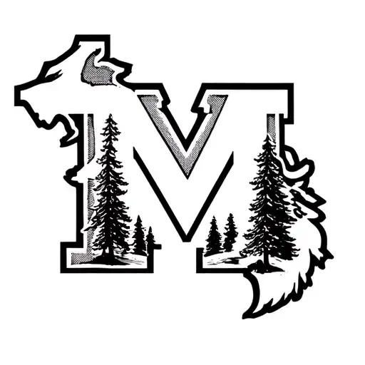 black and white university of michigan "M" incorporating pine trees tattoo design idea