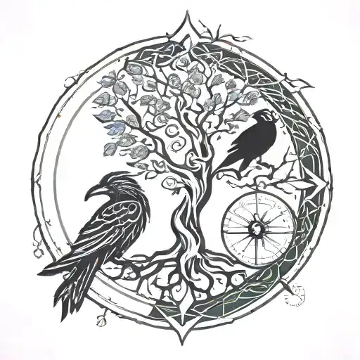 Tree of Life Compass Raven Phoenix Elf Celtic symbol tattoo design idea
