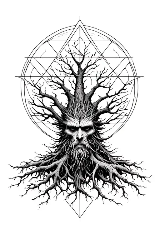 Treebeard and his roots growing into a metatron tattoo design idea