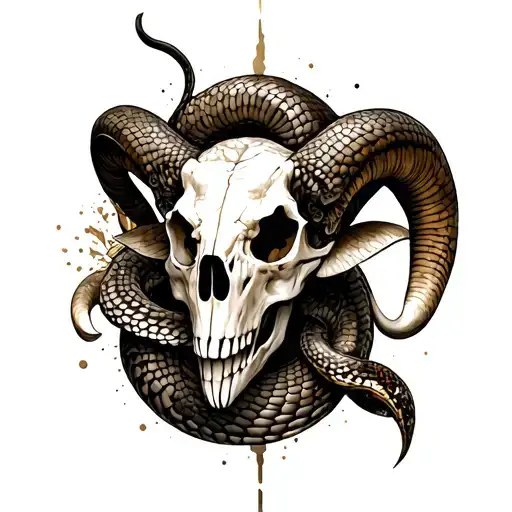 serpent and ram skull surrounded tattoo design idea