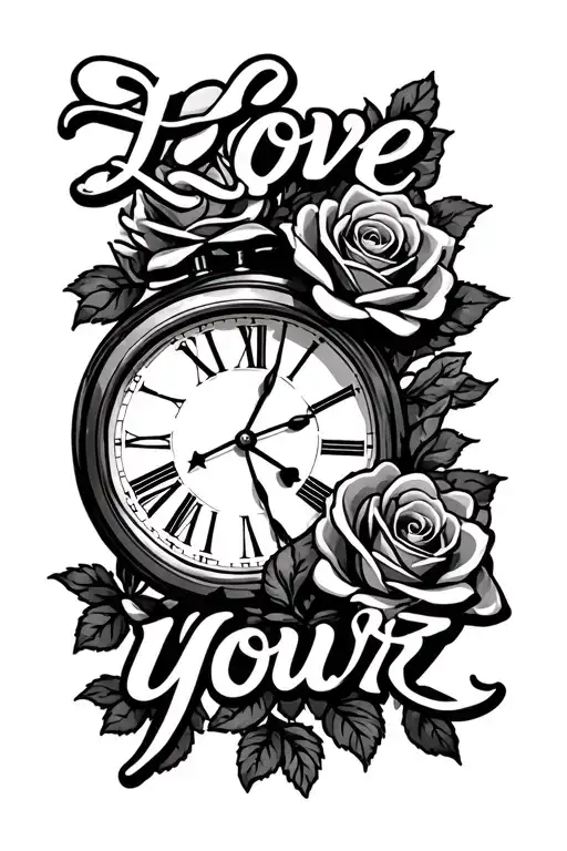 "Love Yourz" roses and clock tattoo design idea