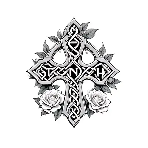 Celtic Cross with the word strength surrounded by roses. tattoo design idea