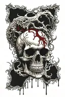 White Skull, Cracked, Bloody, missing Jawbone, missing teeth, melting, decrepit Dark red blood, Human Spine, Horror. tattoo design idea