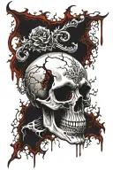 White Skull, Cracked, Bloody, missing Jawbone, missing teeth, melting, decrepit Dark red blood, Human Spine, Horror. tattoo design idea