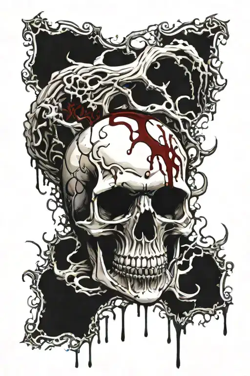 White Skull, Cracked, Bloody, missing Jawbone, missing teeth, melting, decrepit Dark red blood, Human Spine, Horror. tattoo design idea